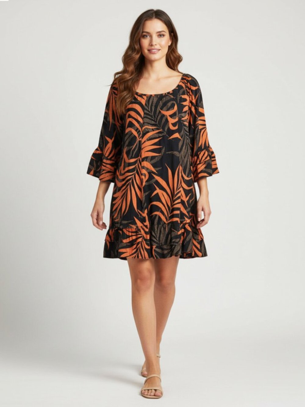 Gata da Mata Tropical Flowy Bell Sleeve Swing Dress Loose Fit Vacation Resort